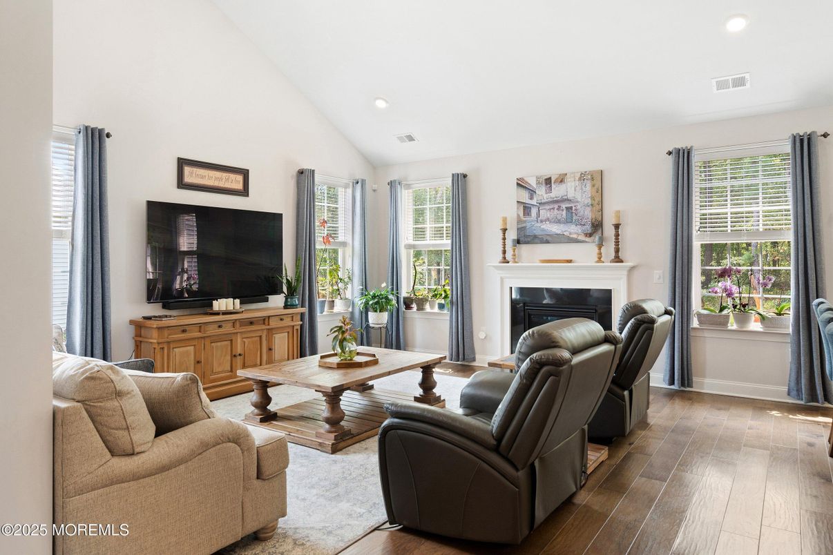 Fireplace, Interior, Living room, Recessed Lighting, Wood Texture Flooring