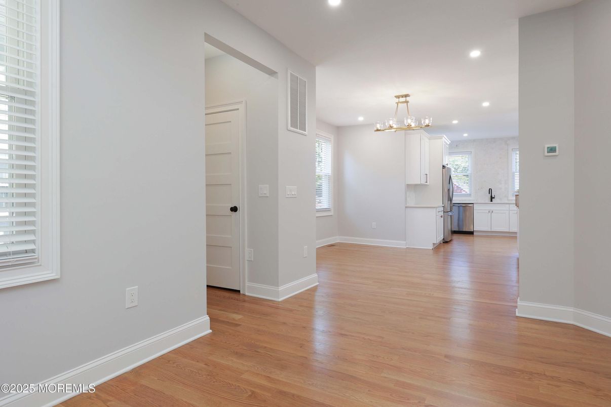 Empty room, Interior, Kitchen, Pendant Lights, Recessed Lighting, Wood Texture Flooring