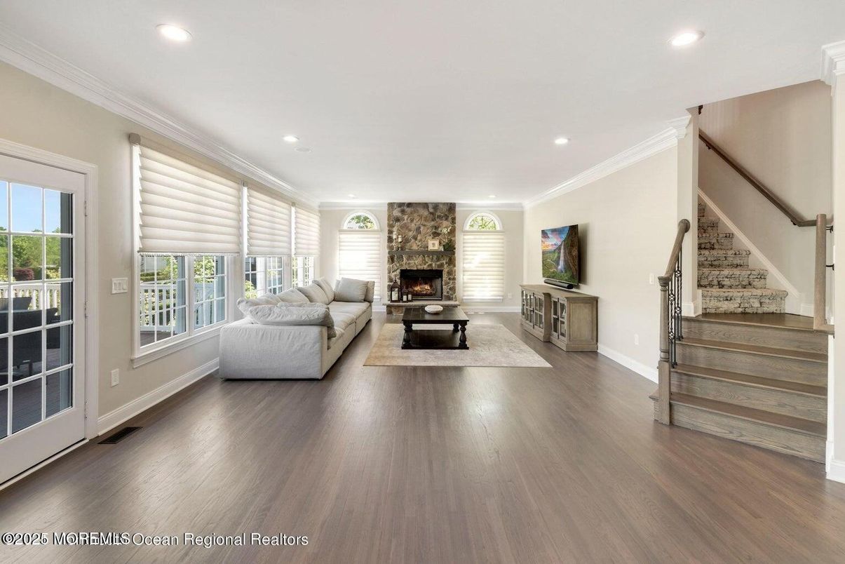 Fireplace, Interior, Living room, Recessed Lighting, Wood Texture Flooring