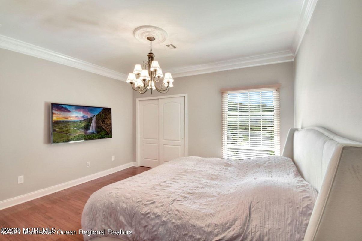 Bedroom, Chandelier, Interior, Wood Texture Flooring
