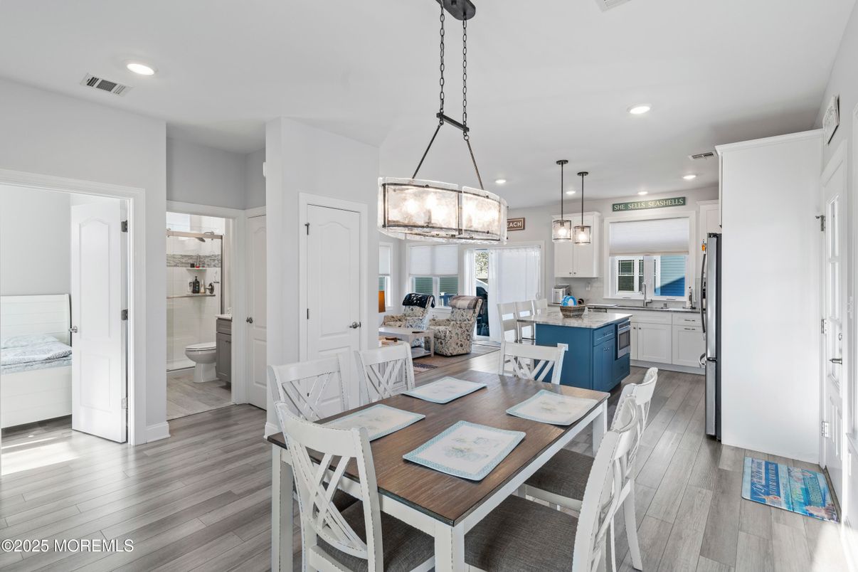 Bathroom, Dining room, Interior, Kitchen, Pendant Lights, Recessed Lighting, Wood Texture Flooring