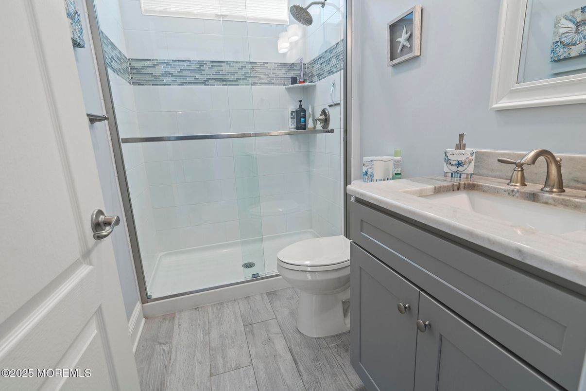 Bathroom, Glass Shower, Interior, Wood Texture Flooring