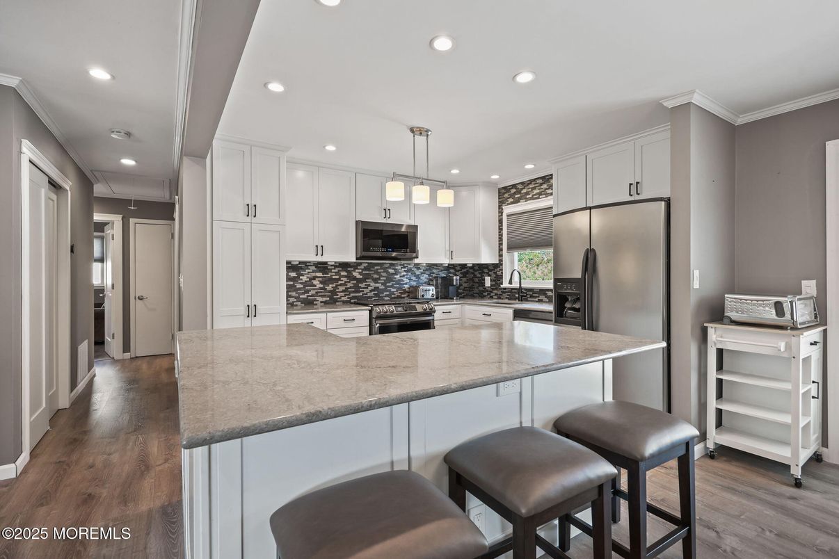 Interior, Kitchen, Pendant Lights, Recessed Lighting, Stainless Steel Appliances, Wood Texture Flooring