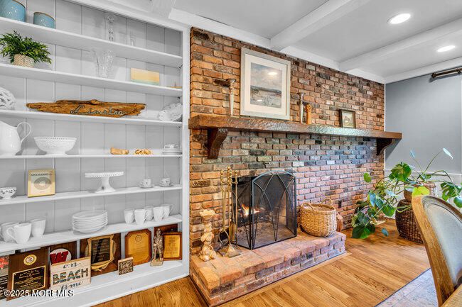 Fireplace, Interior, Recessed Lighting, Stone Walls, Wood Texture Flooring