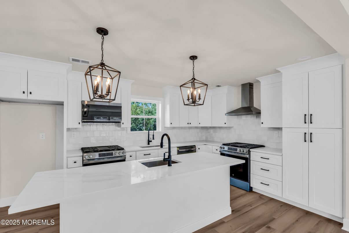 Interior, Kitchen, Pendant Lights, Stainless Steel Appliances, Wood Texture Flooring