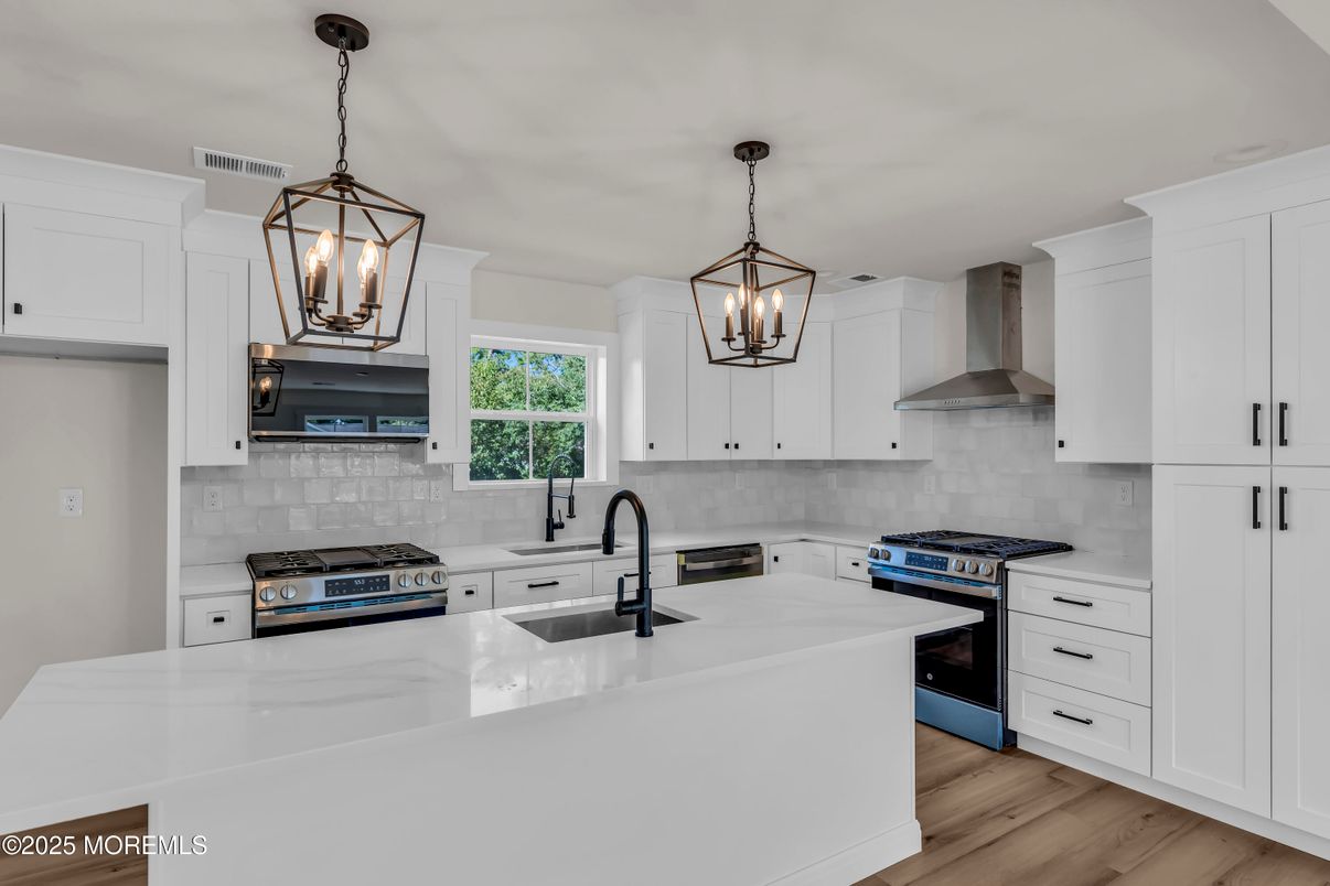 Interior, Kitchen, Pendant Lights, Stainless Steel Appliances, Wood Texture Flooring