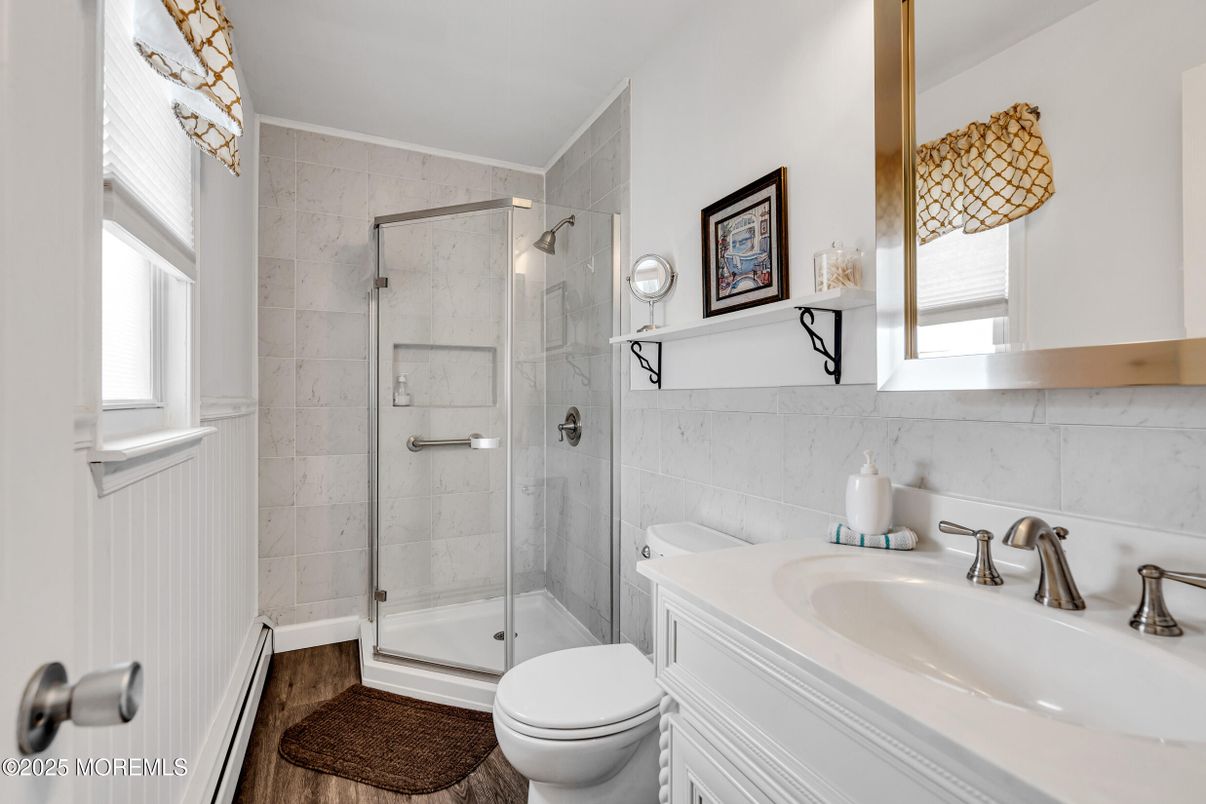 Bathroom, Glass Shower, Interior, Wood Texture Flooring