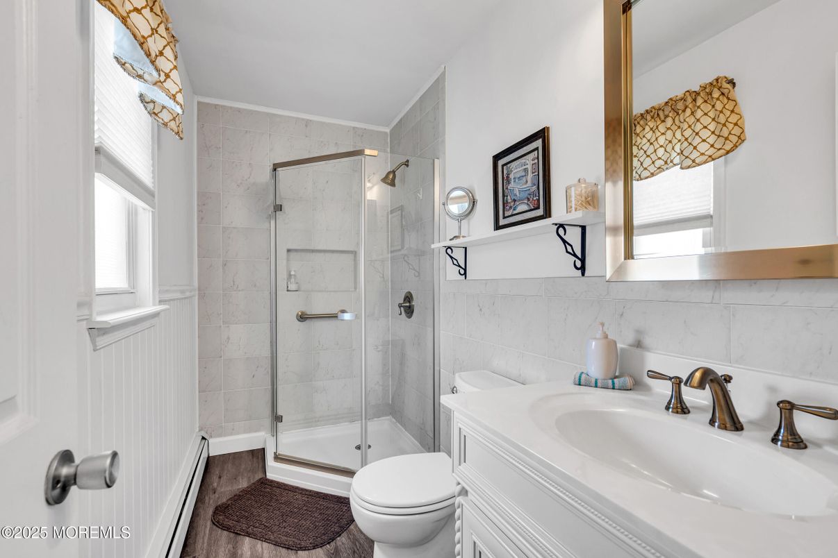 Bathroom, Glass Shower, Interior, Wood Texture Flooring