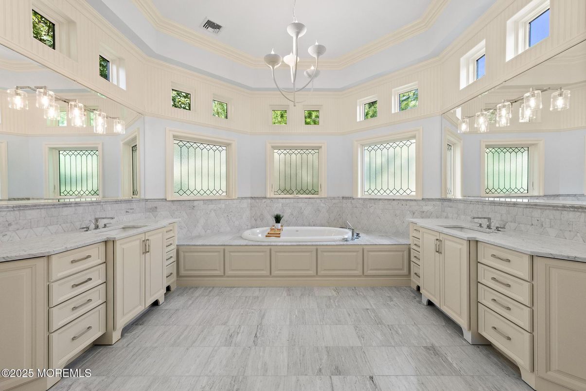 Bathroom, Dual Sink Vanities, Interior, Marble, Pendant Lights