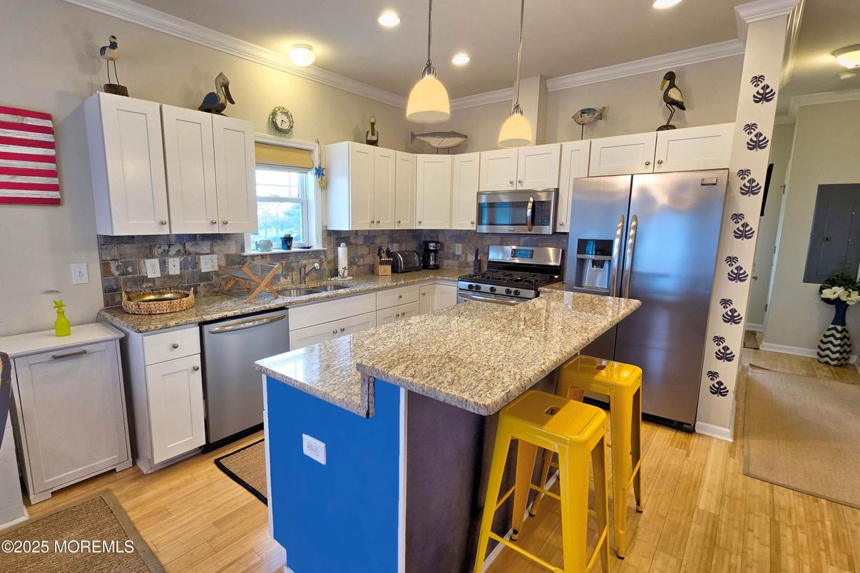 Interior, Kitchen, Pendant Lights, Recessed Lighting, Stainless Steel Appliances, Wood Texture Flooring