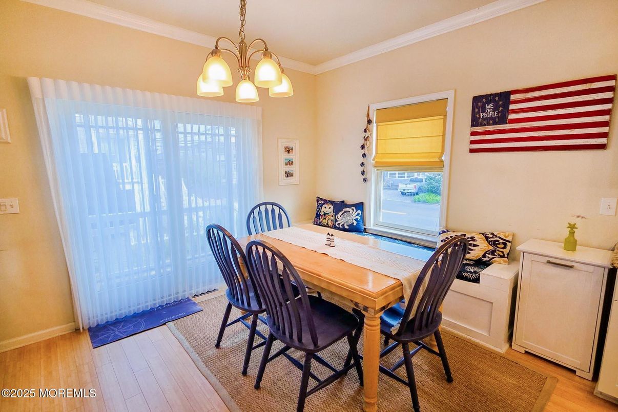Dining room, Interior, Pendant Lights, Wood Texture Flooring