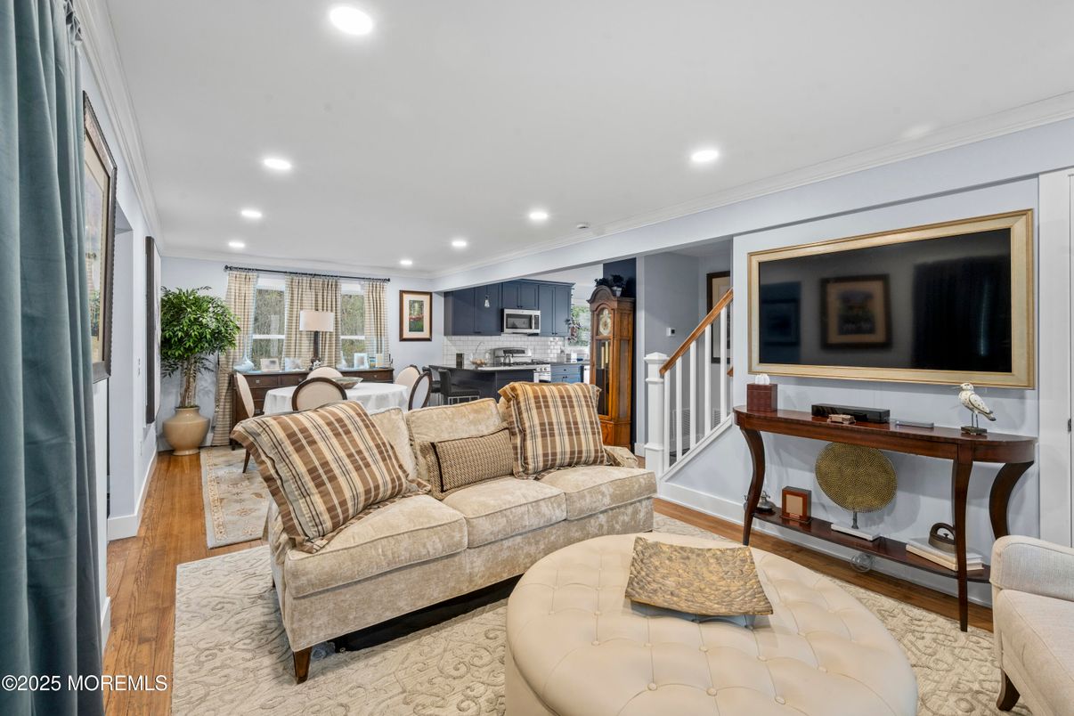 Dining room, Interior, Kitchen, Living room, Recessed Lighting, Stainless Steel Appliances, Wood Texture Flooring