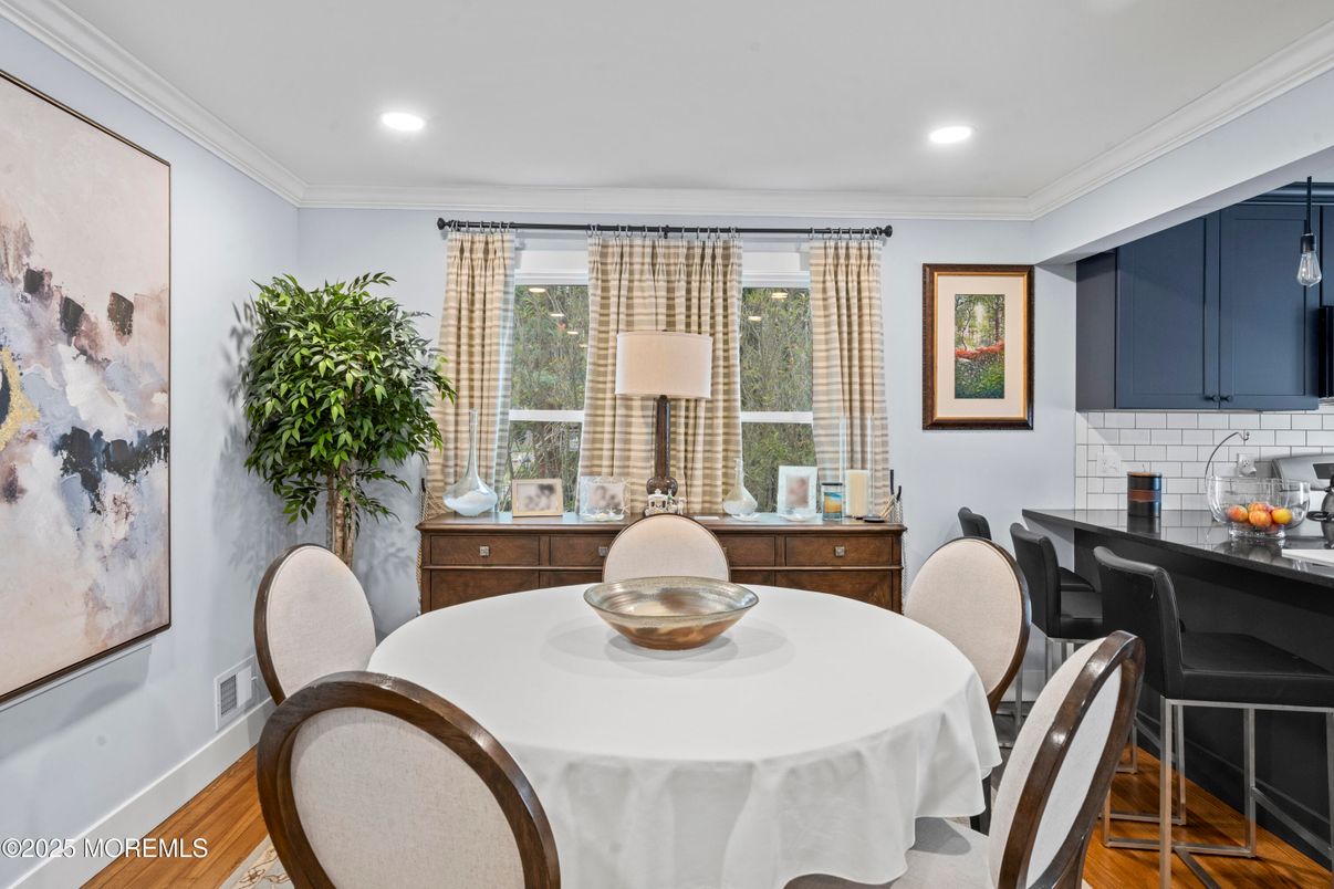 Dining room, Interior, Recessed Lighting, Wood Texture Flooring