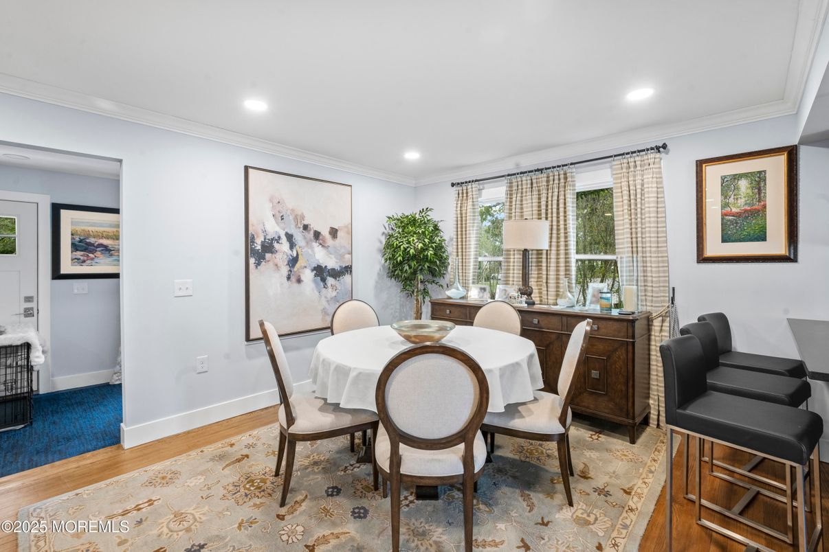 Dining room, Interior, Recessed Lighting, Wood Texture Flooring