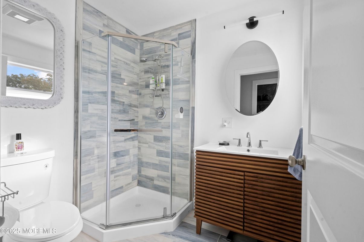 Bathroom, Glass Shower, Interior, Wood Texture Flooring