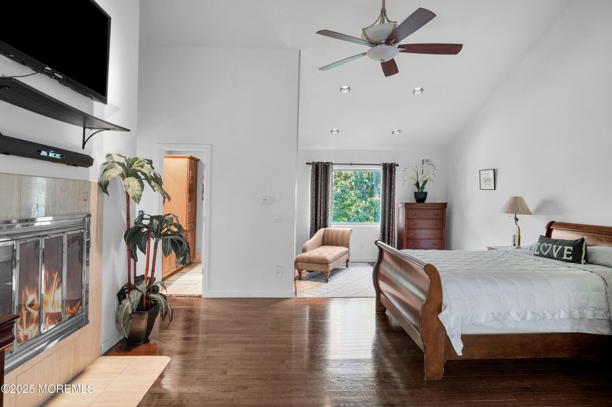 Bedroom, Fireplace, Interior, Wood Texture Flooring