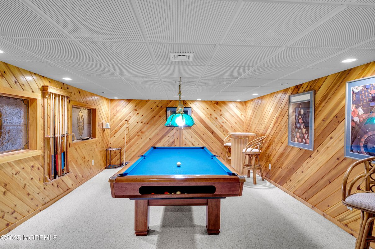 Billiard Table, Game Room, Interior, Pendant Lights, Recessed Lighting, Wooden Walls