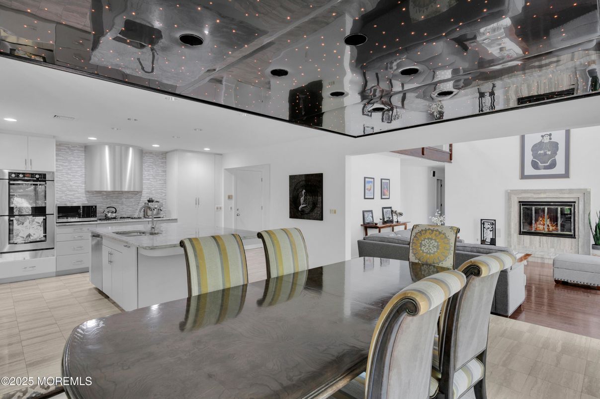 Dining room, Fireplace, Interior, Kitchen, Living room, Recessed Lighting, Stainless Steel Appliances