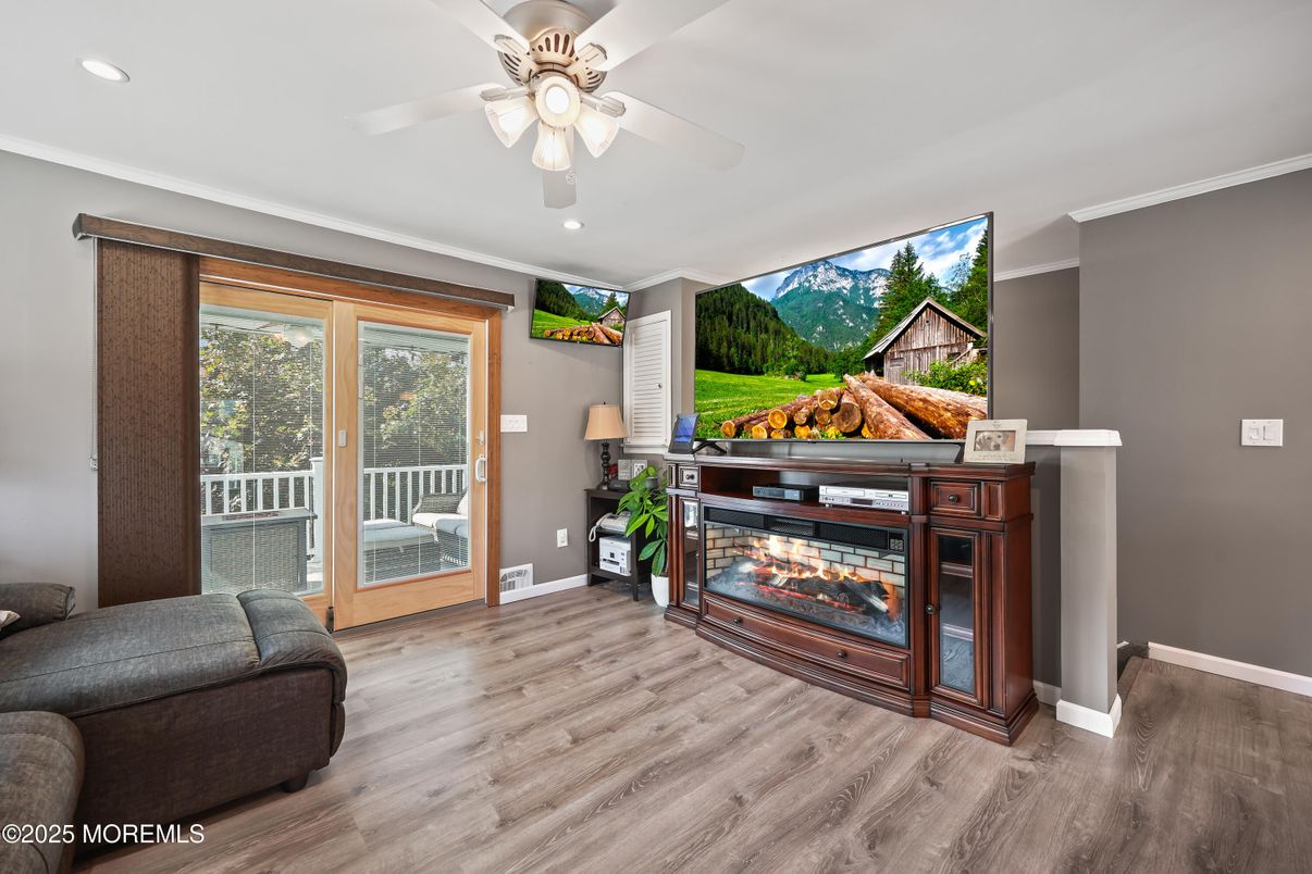 Fireplace, Interior, Recessed Lighting, Wood Texture Flooring