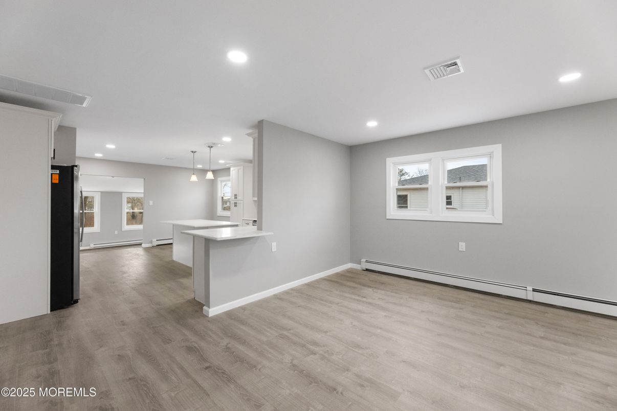 Empty room, Interior, Kitchen, Pendant Lights, Recessed Lighting, Wood Texture Flooring