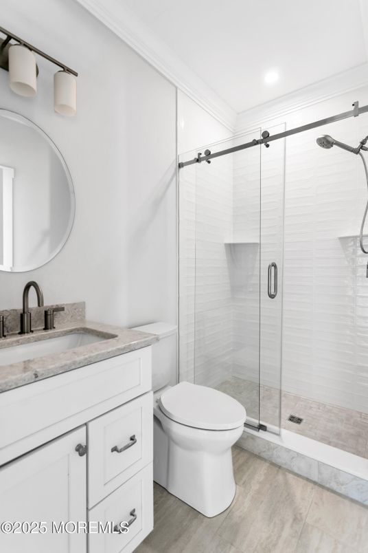 Bathroom, Glass Shower, Interior, Recessed Lighting, Wood Texture Flooring