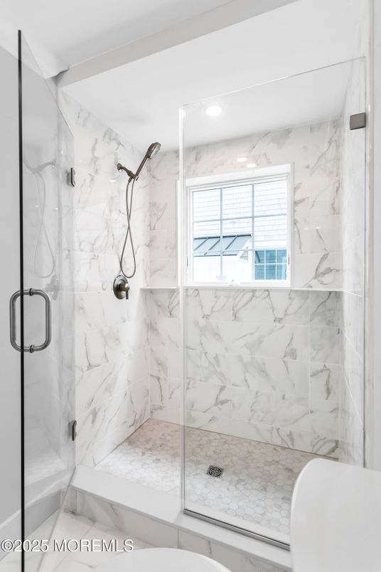 Bathroom, Glass Shower, Interior, Marble Walls, Recessed Lighting