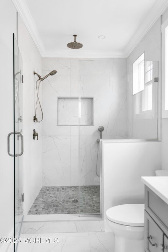 Bathroom, Glass Shower, Interior, Marble, Marble Walls, Recessed Lighting