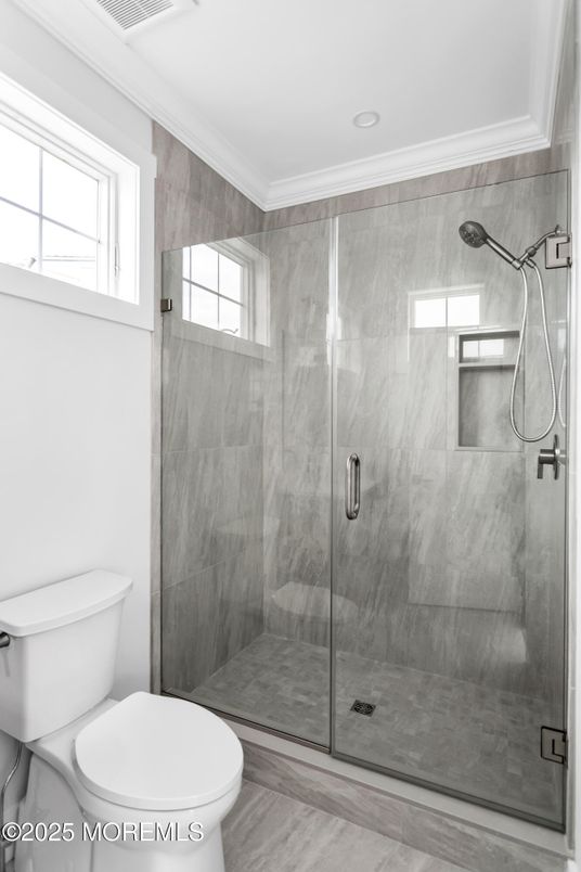 Bathroom, Glass Shower, Interior, Marble Walls, Recessed Lighting, Wood Texture Flooring