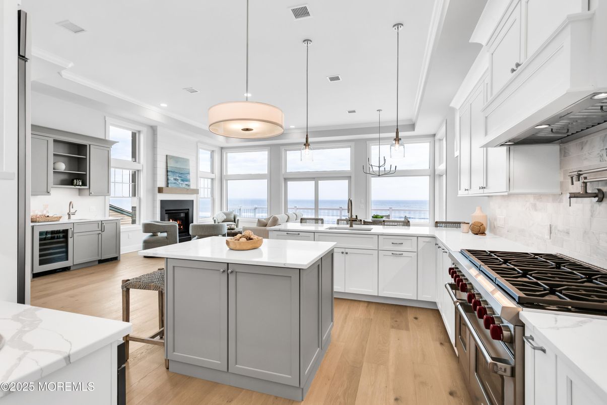 Interior, Kitchen, Pendant Lights, Recessed Lighting, Stainless Steel Appliances, Water, Wood Texture Flooring