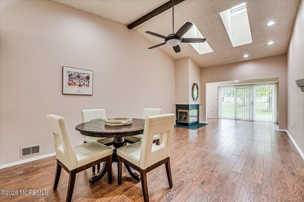 Dining room, Fireplace, Interior, Recessed Lighting, Wooden Beams, Wood Texture Flooring