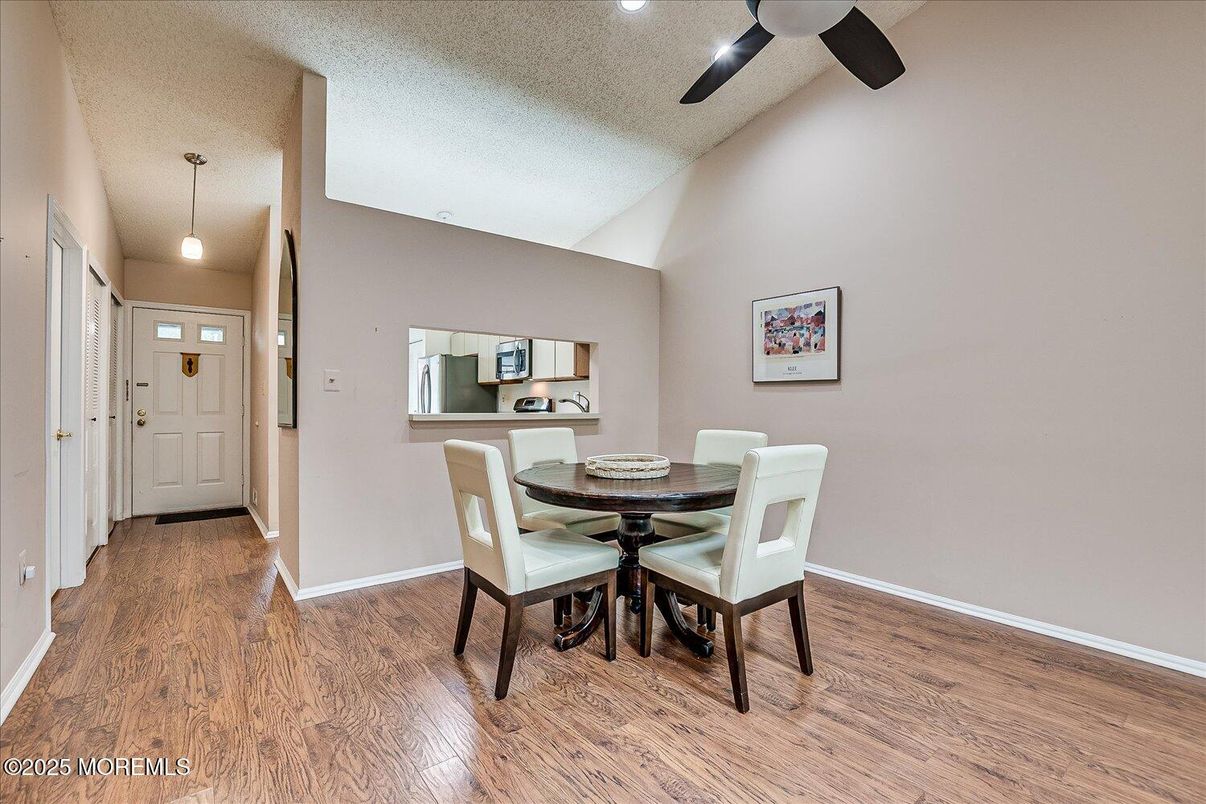 Dining room, Interior, Pendant Lights, Recessed Lighting, Wood Texture Flooring