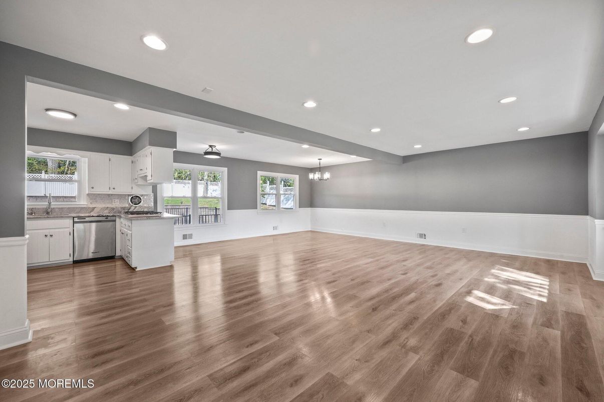 Empty room, Interior, Kitchen, Recessed Lighting, Wood Texture Flooring