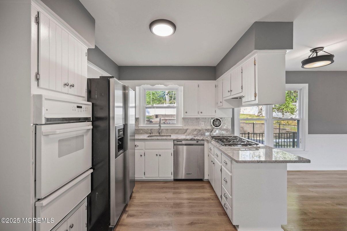 Interior, Kitchen, Pendant Lights, Stainless Steel Appliances, Wood Texture Flooring