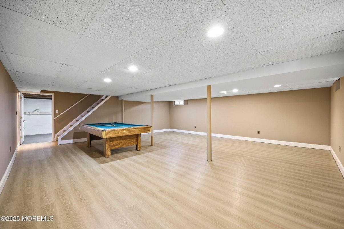Billiard Table, Empty room, Game Room, Interior, Recessed Lighting, Wood Texture Flooring
