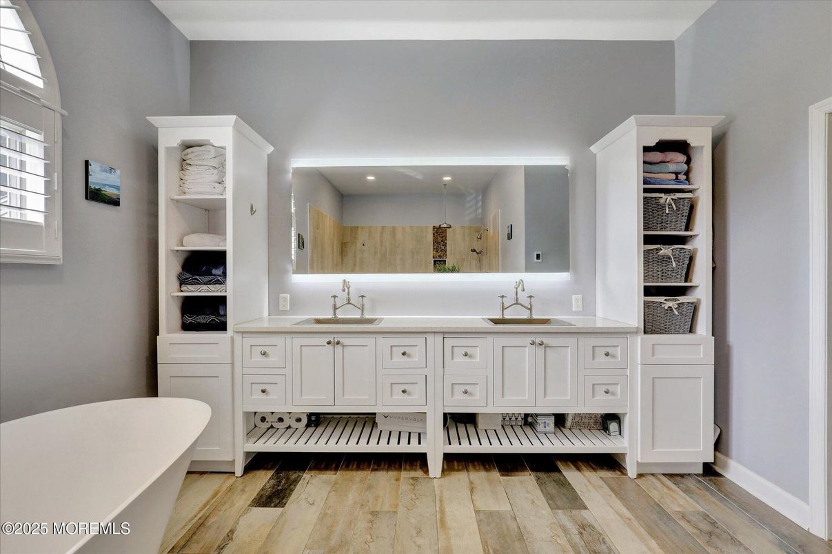 Bathroom, Dual Sink Vanities, Interior, Recessed Lighting, Wood Texture Flooring