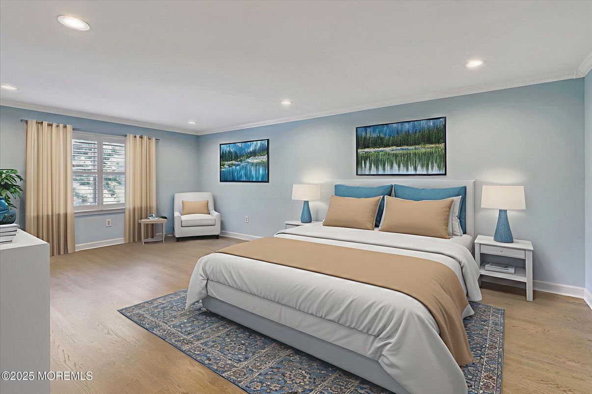 Bedroom, Interior, Recessed Lighting, Wood Texture Flooring