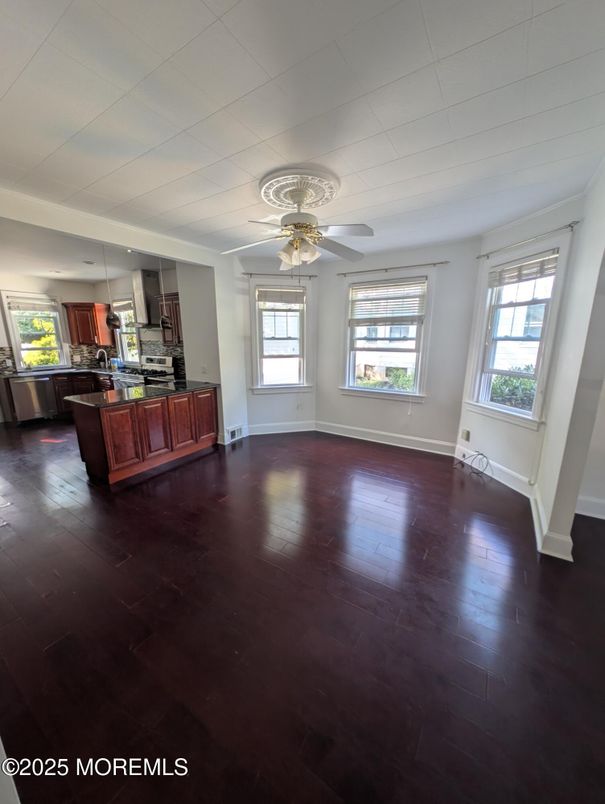 Empty room, Interior, Kitchen, Stainless Steel Appliances, Wood Texture Flooring