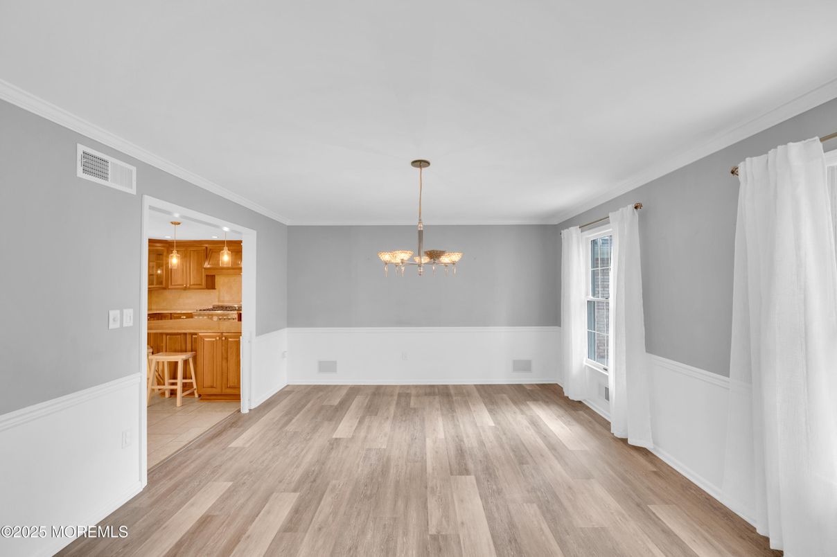 Chandelier, Empty room, Interior, Kitchen, Pendant Lights, Wood Texture Flooring