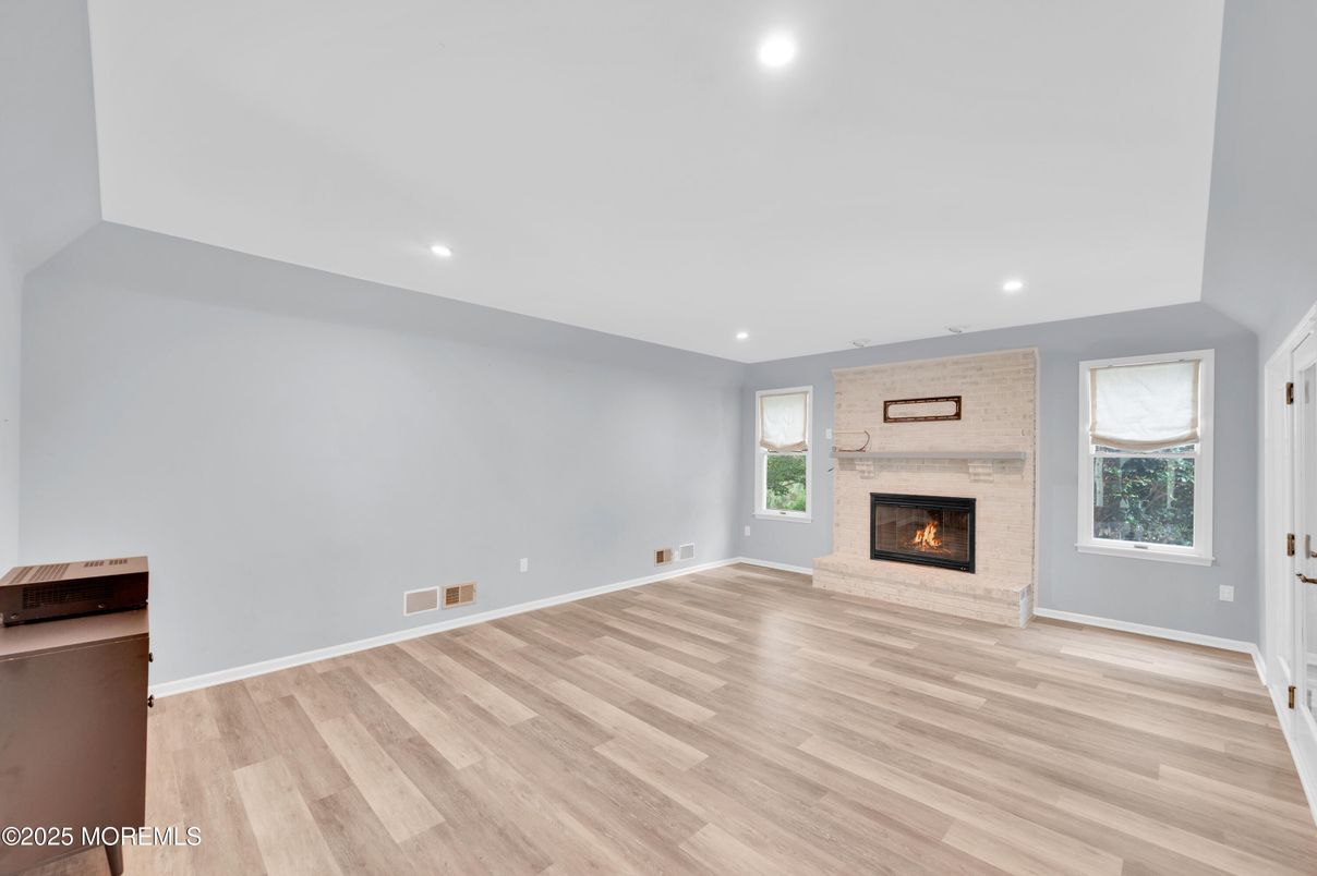 Empty room, Fireplace, Interior, Recessed Lighting, Wood Texture Flooring