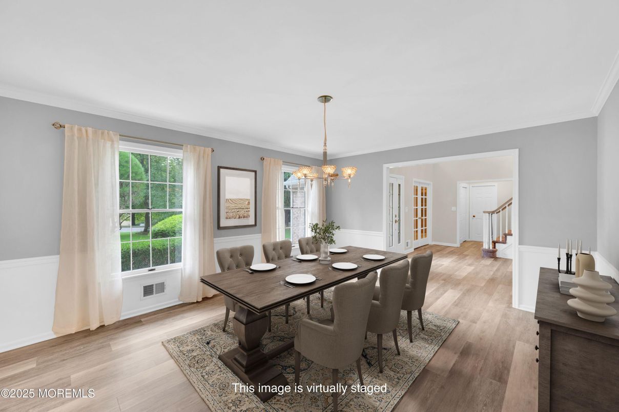 Chandelier, Dining room, Interior, Pendant Lights, Wood Texture Flooring