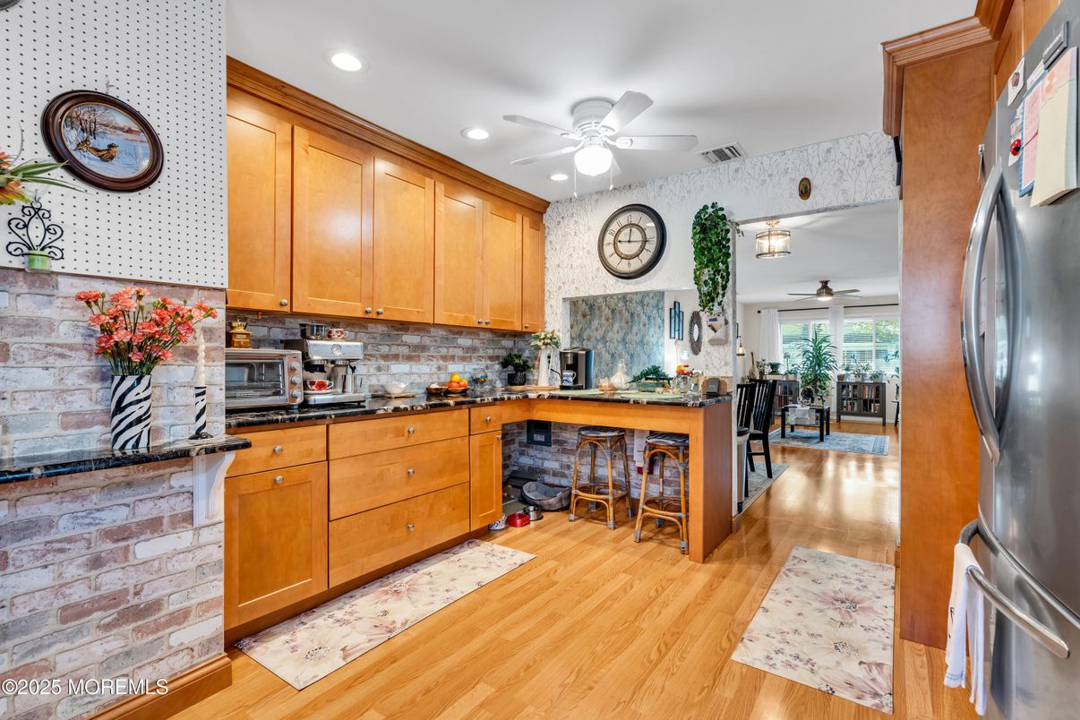 Interior, Kitchen, Recessed Lighting, Stone Walls, Wood Texture Flooring