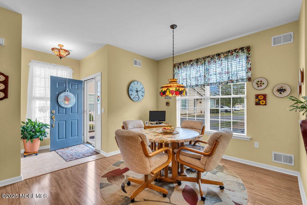 Dining room, Interior, Pendant Lights, Wood Texture Flooring