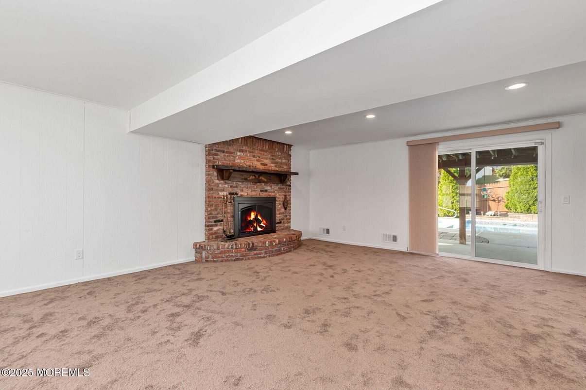 Empty room, Fireplace, Interior, Recessed Lighting, Stone Walls