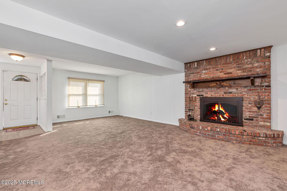Empty room, Fireplace, Interior, Recessed Lighting, Stone Walls