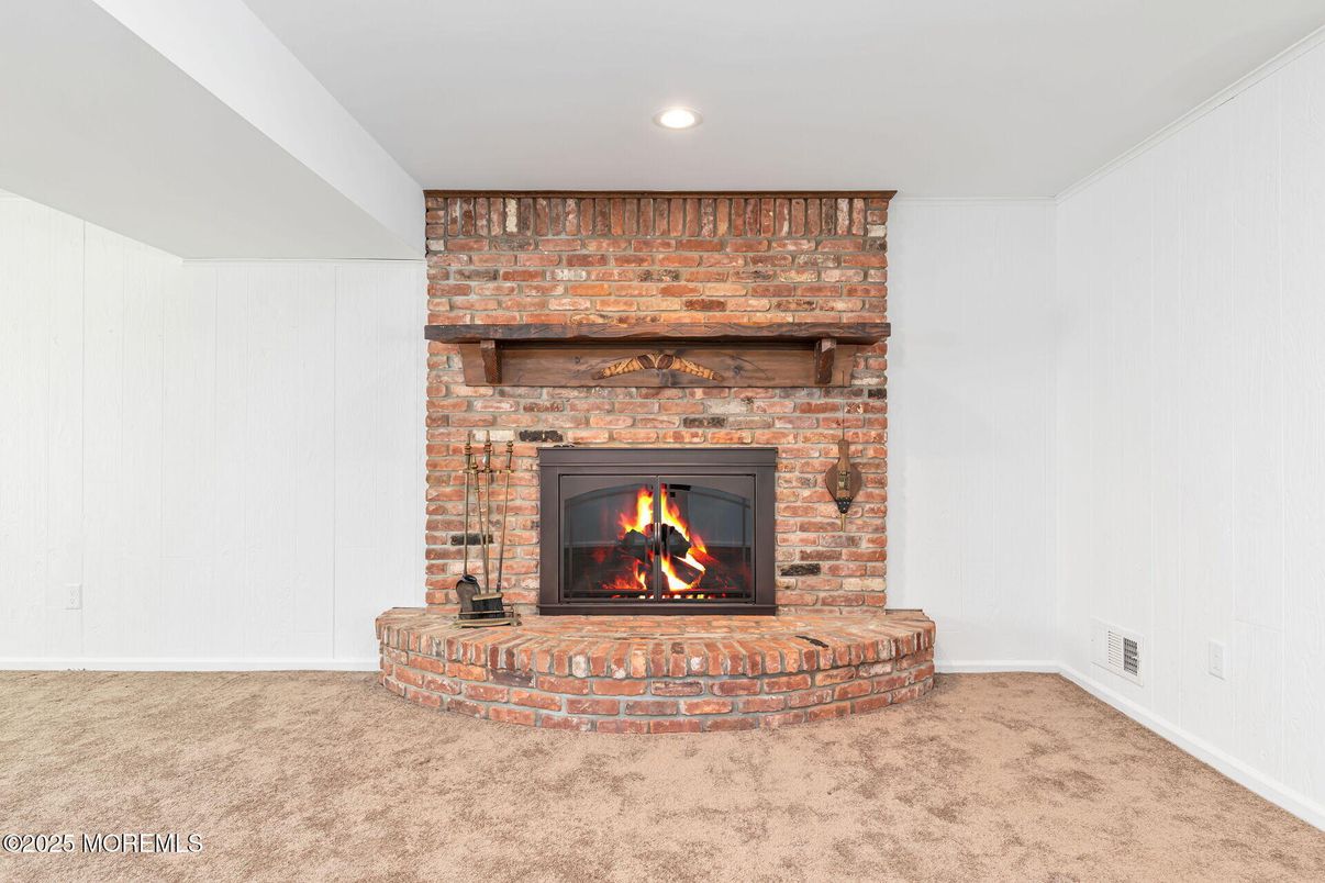 Fireplace, Interior, Recessed Lighting, Stone Walls