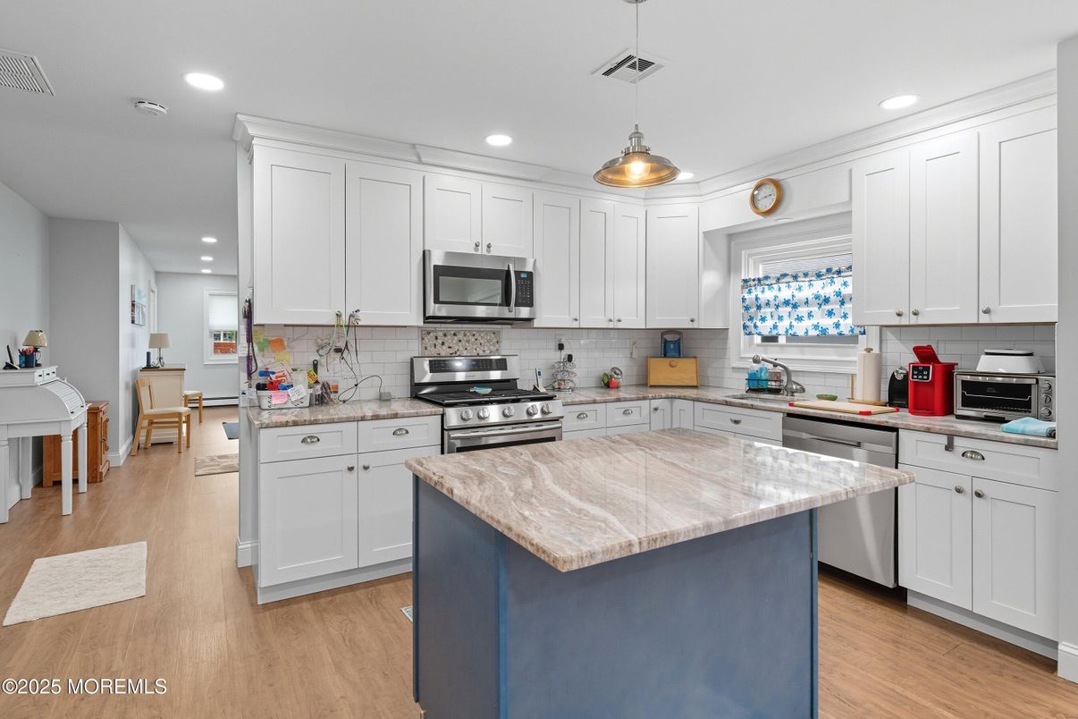 Interior, Kitchen, Pendant Lights, Recessed Lighting, Stainless Steel Appliances, Wood Texture Flooring