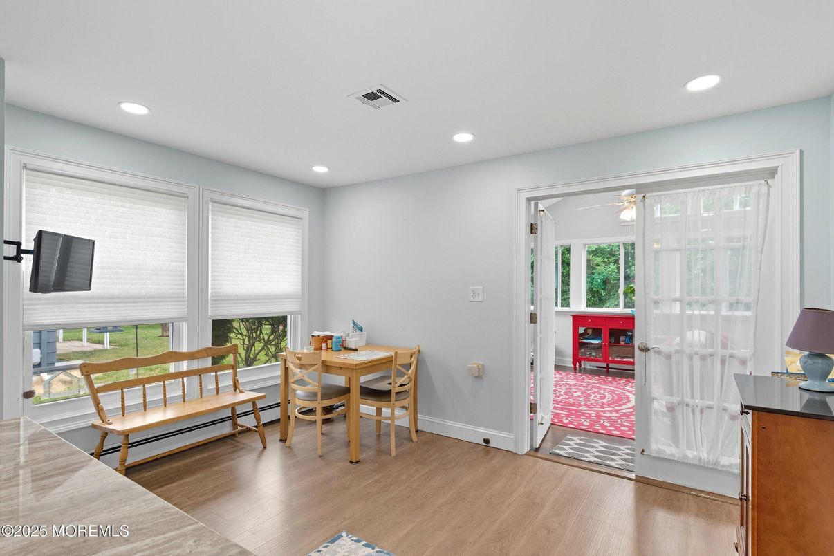 Dining room, Interior, Recessed Lighting, Wood Texture Flooring