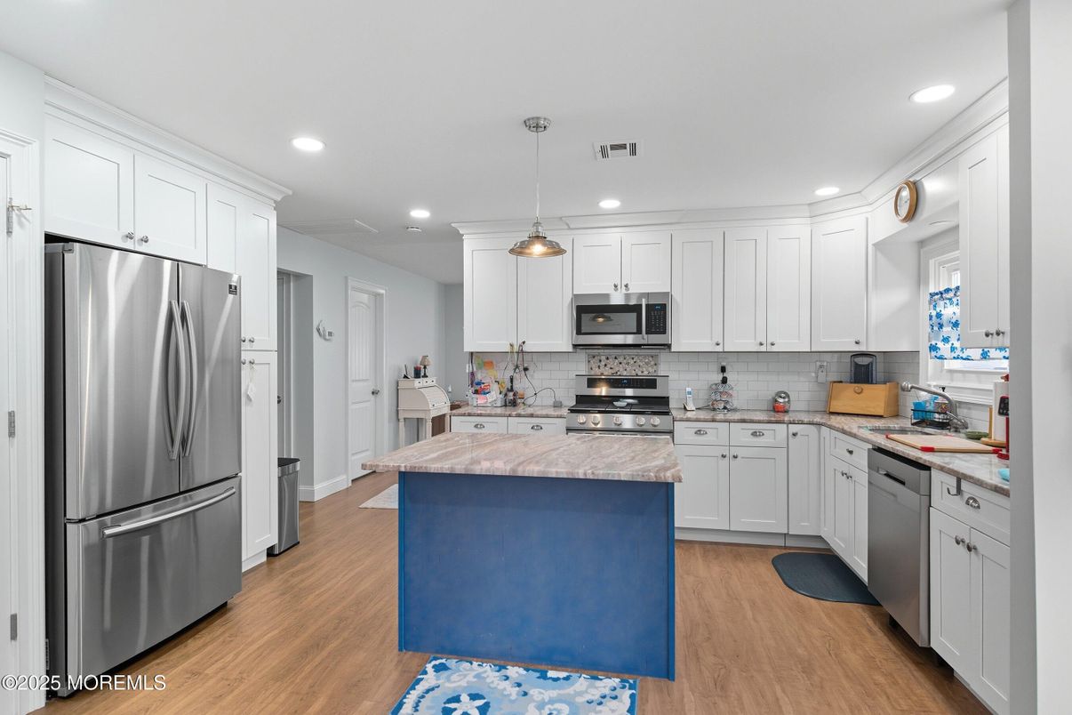 Interior, Kitchen, Pendant Lights, Recessed Lighting, Stainless Steel Appliances, Wood Texture Flooring