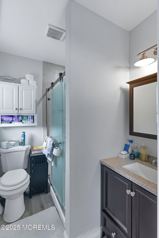 Bathroom, Glass Shower, Interior, Wood Texture Flooring