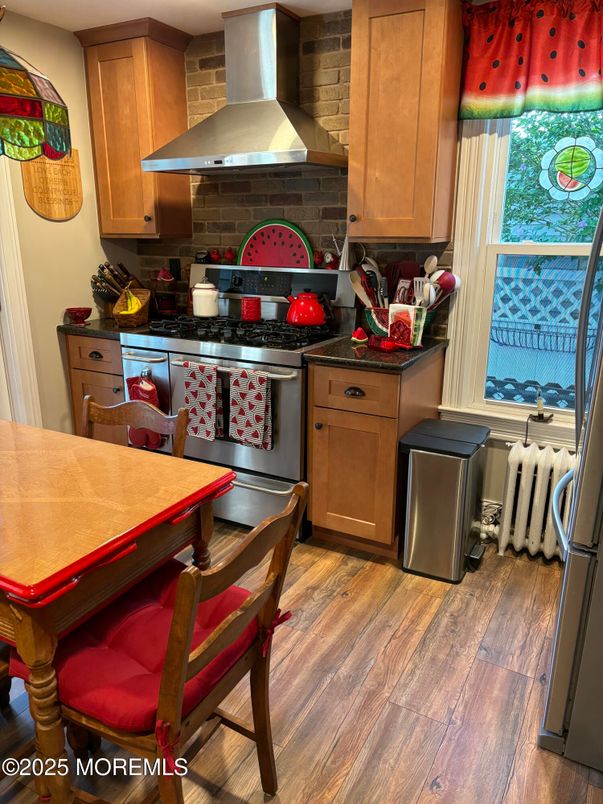 Interior, Kitchen, Stainless Steel Appliances, Stone Walls, Wood Texture Flooring